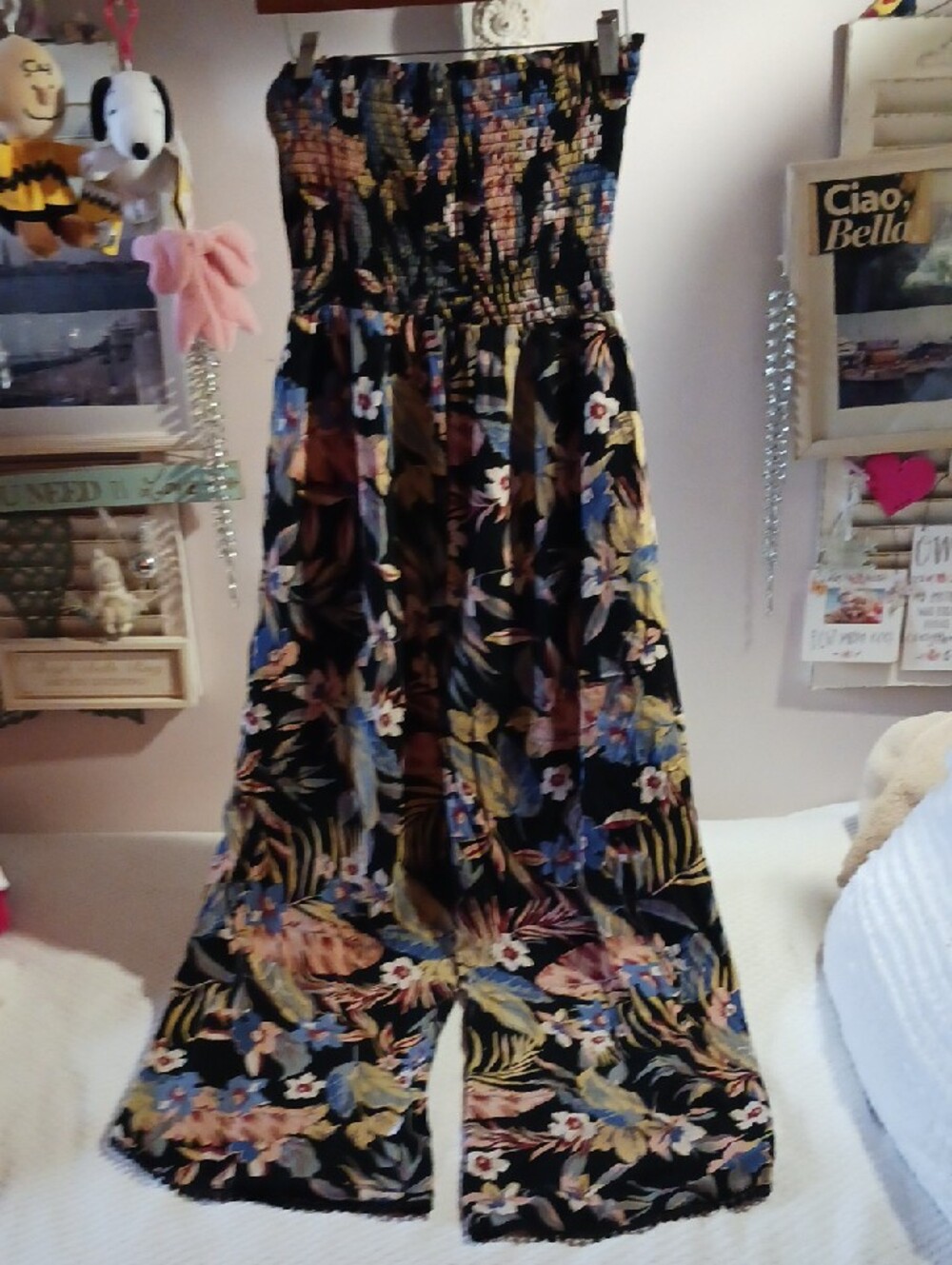 Stunning! ANGIE ⚜️Black Floral Print Smocked Top Open Wide-Leg Jumpsuit L - Picture 8 of 14